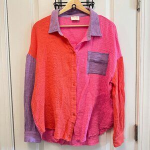 Fate Colorblock Button Down Shirt - Pink, Purple, Red